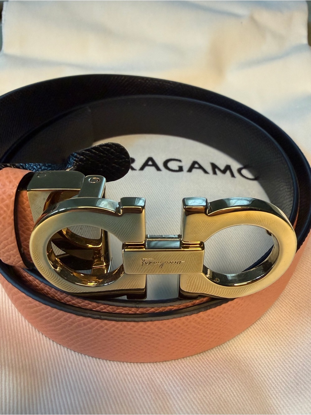 Salvatore Ferragamo Peach Leather Belt with Gold Double Gancini Buckle